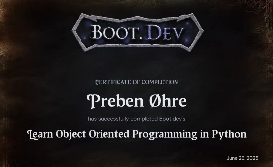 Preben Øhre's Boot.dev Learn Object Oriented Programming in Python certificate