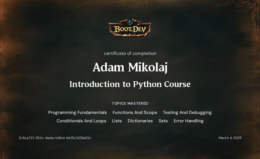 Adam Mikolaj's Boot.dev Introduction to Python Course certificate