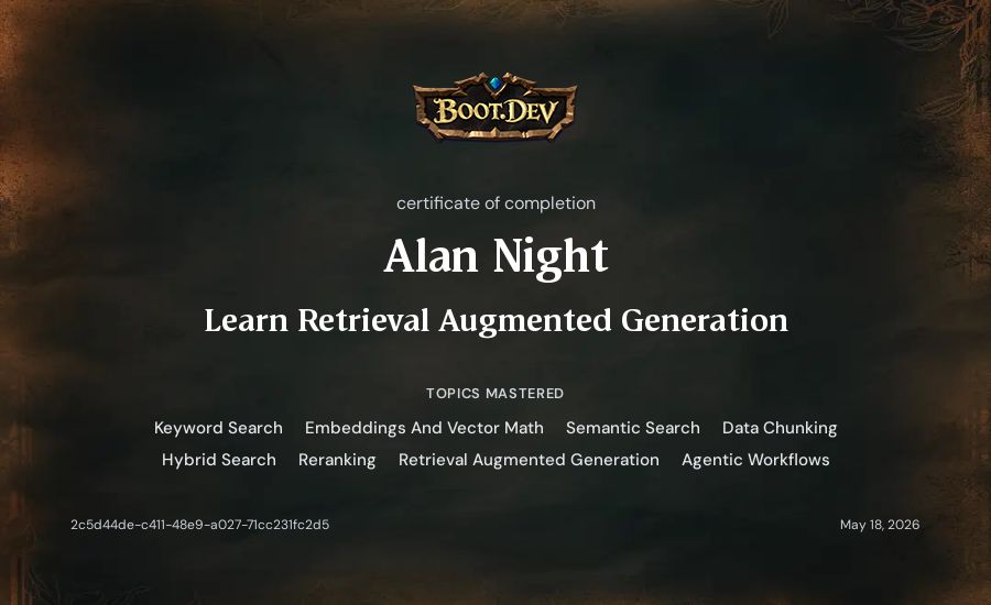 Alan Night's Boot.dev Learn Retrieval Augmented Generation certificate