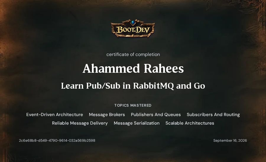 Ahammed Rahees's Boot.dev Learn Pub/Sub in RabbitMQ and Go certificate
