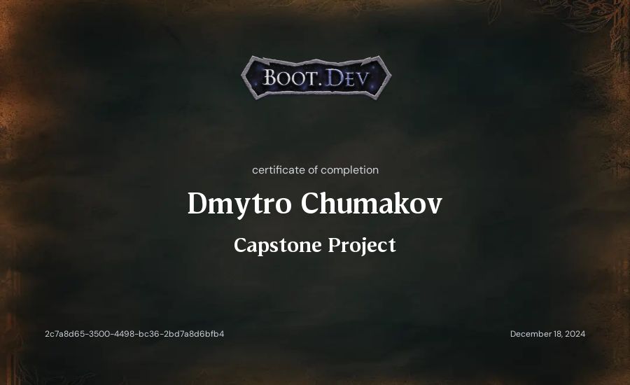 Dmytro Chumakov's Boot.dev Capstone Project certificate