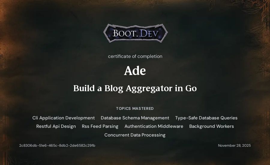 Ade's Boot.dev Build a Blog Aggregator in Go certificate