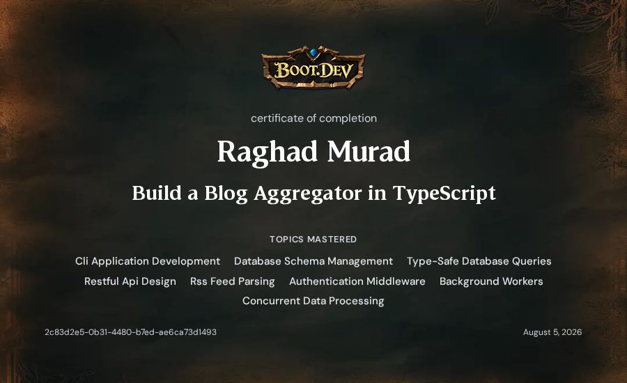 Raghad Murad's Boot.dev Build a Blog Aggregator in TypeScript certificate