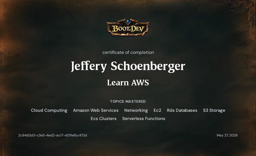 Jeff Schoenberger's Boot.dev Learn AWS certificate
