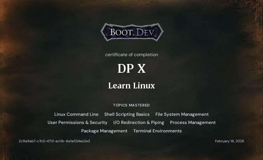 DP X's Boot.dev Learn Linux certificate