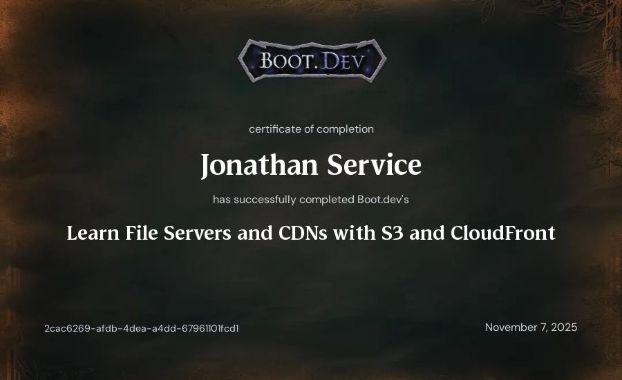 Jonathan Service's Boot.dev Learn File Servers and CDNs with S3 and CloudFront certificate