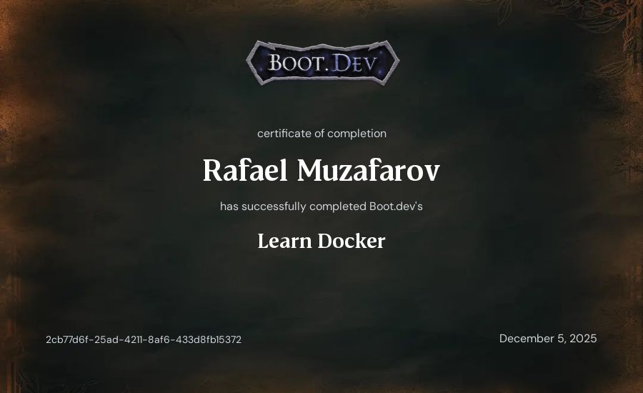 Rafael Muzafarov's Boot.dev Learn Docker certificate