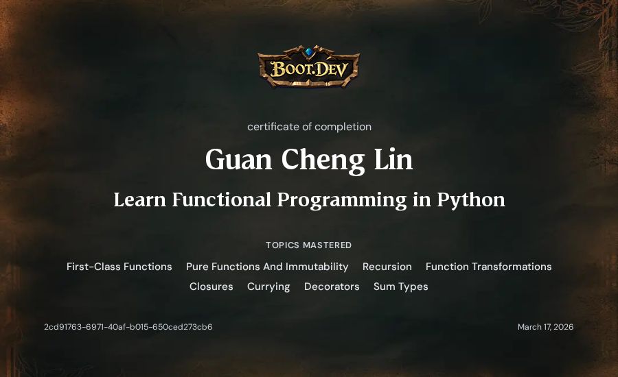 Guan Cheng Lin's Boot.dev Learn Functional Programming in Python certificate