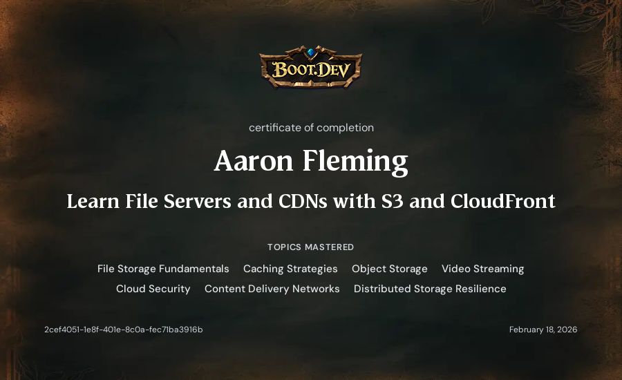 Aaron Fleming's Boot.dev Learn File Servers and CDNs with S3 and CloudFront certificate