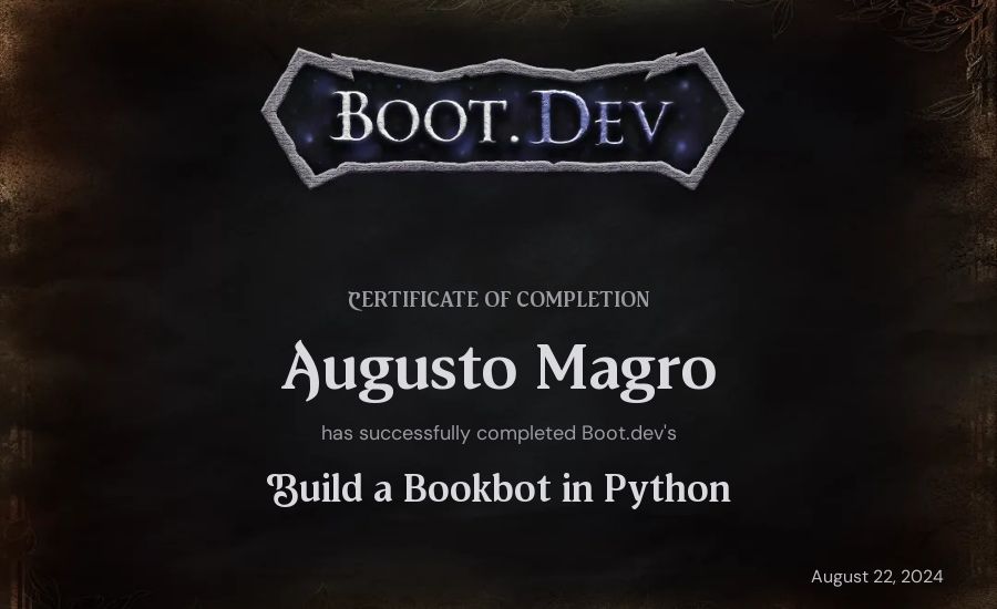 Augusto Magro's Boot.dev Build a BookBot in Python certificate
