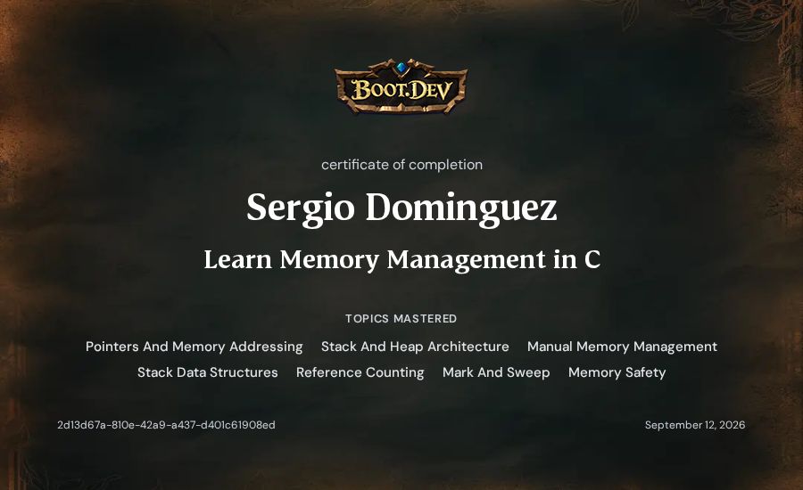 Sergio Dominguez's Boot.dev Learn Memory Management in C certificate