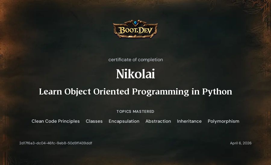 Nikolai's Boot.dev Learn Object Oriented Programming in Python certificate
