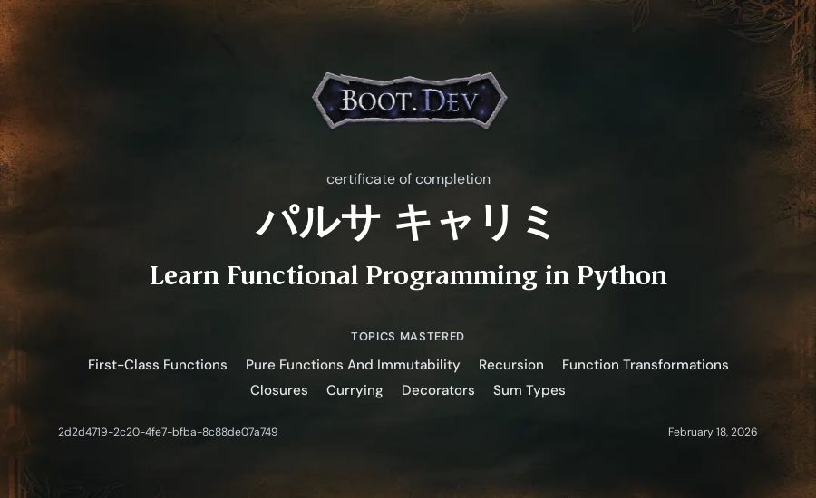 パルサ キャリミ's Boot.dev Learn Functional Programming in Python certificate