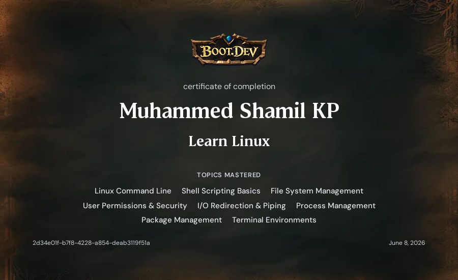 Muhammed Shamil KP's Boot.dev Learn Linux certificate
