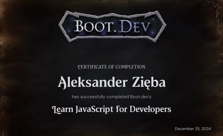 Aleksander Zięba's Boot.dev Learn JavaScript certificate
