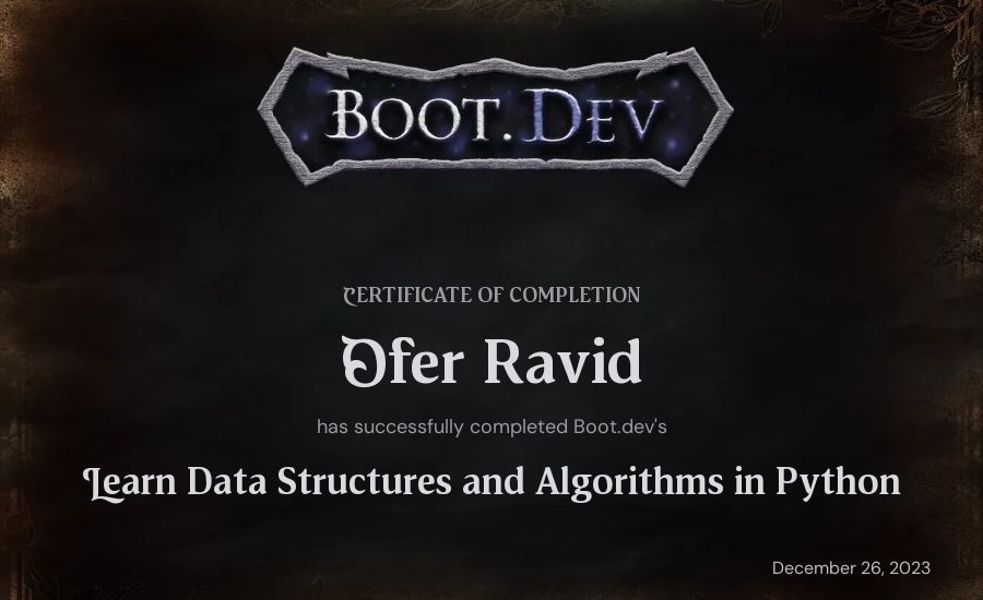 Ofer Ravid's Boot.dev Learn Data Structures and Algorithms in Python certificate