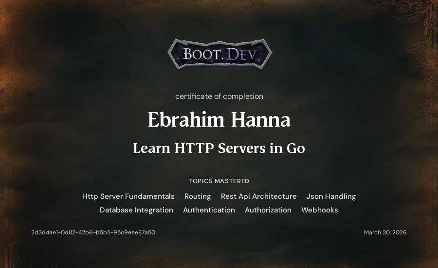 Ebrahim Hanna's Boot.dev Learn HTTP Servers in Go certificate