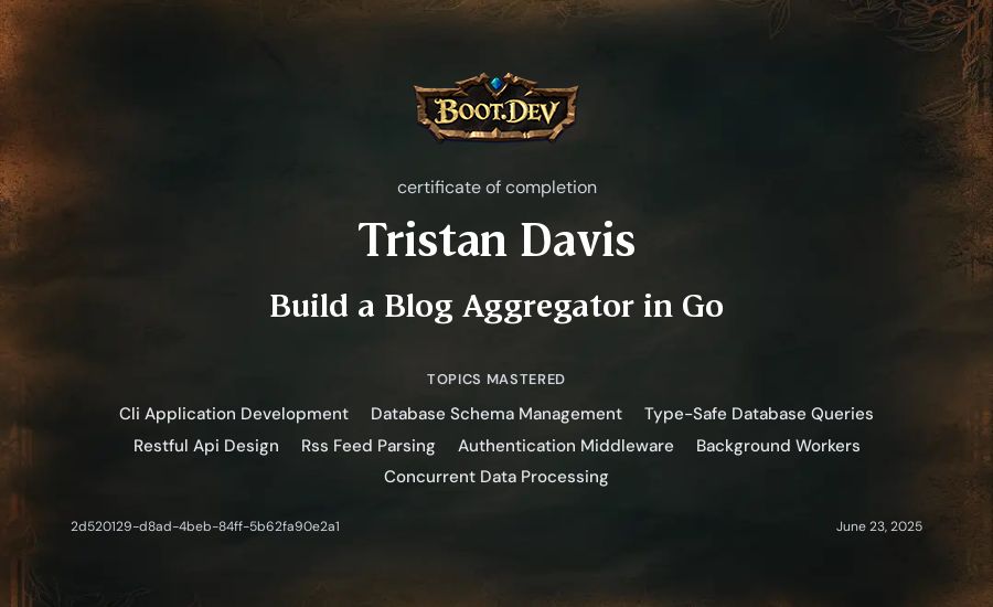 Tristan Davis's Boot.dev Build a Blog Aggregator in Go certificate