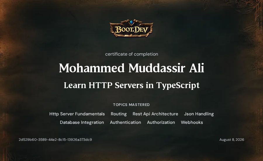 Mohammed Muddassir Ali's Boot.dev Learn HTTP Servers in TypeScript certificate