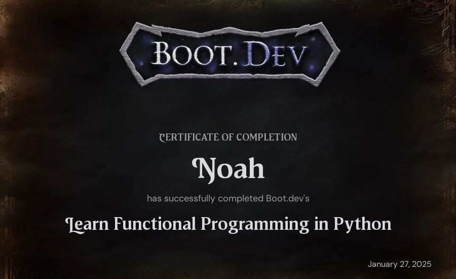 Noah's Boot.dev Learn Functional Programming in Python certificate