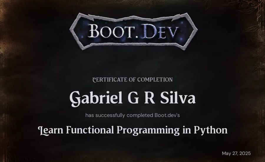 Gabriel G R Silva's Boot.dev Learn Functional Programming in Python certificate