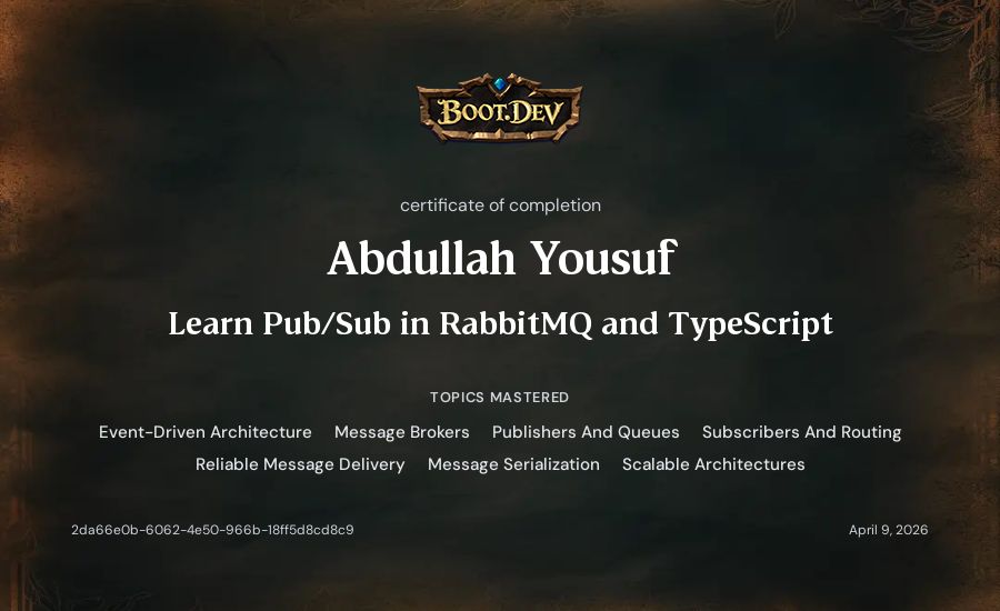 Abdullah Yousuf's Boot.dev Learn Pub/Sub in RabbitMQ and TypeScript certificate