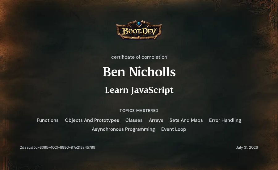 Ben Nicholls's Boot.dev Learn JavaScript certificate