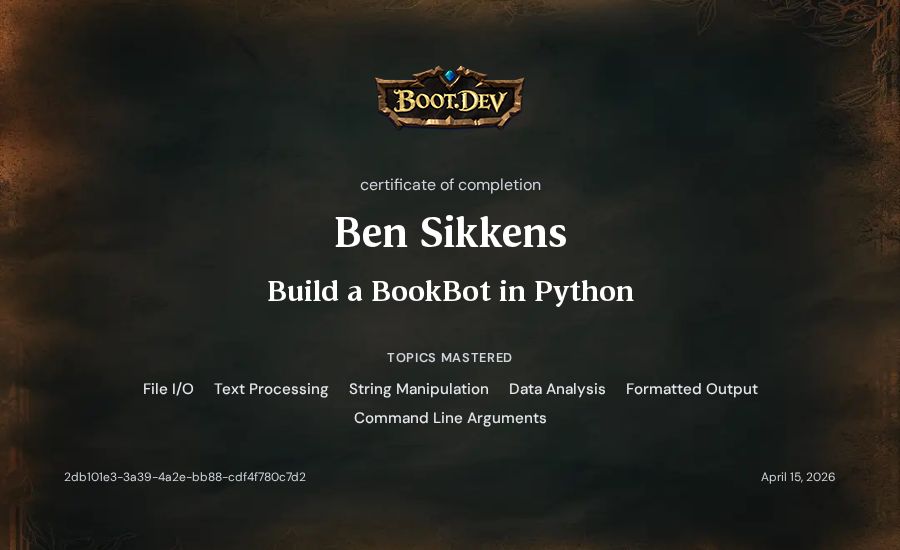 Ben Sikkens's Boot.dev Build a BookBot in Python certificate
