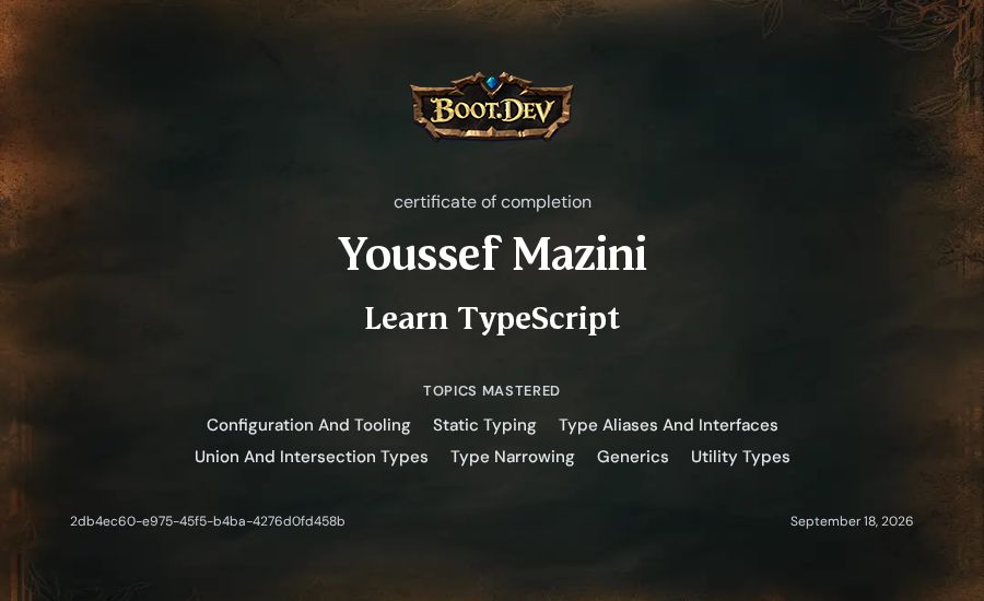 Youssef Mazini's Boot.dev Learn TypeScript certificate