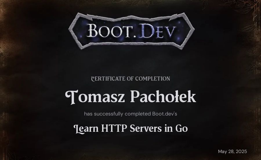 Tomasz Pachołek's Boot.dev Learn HTTP Servers in Go certificate