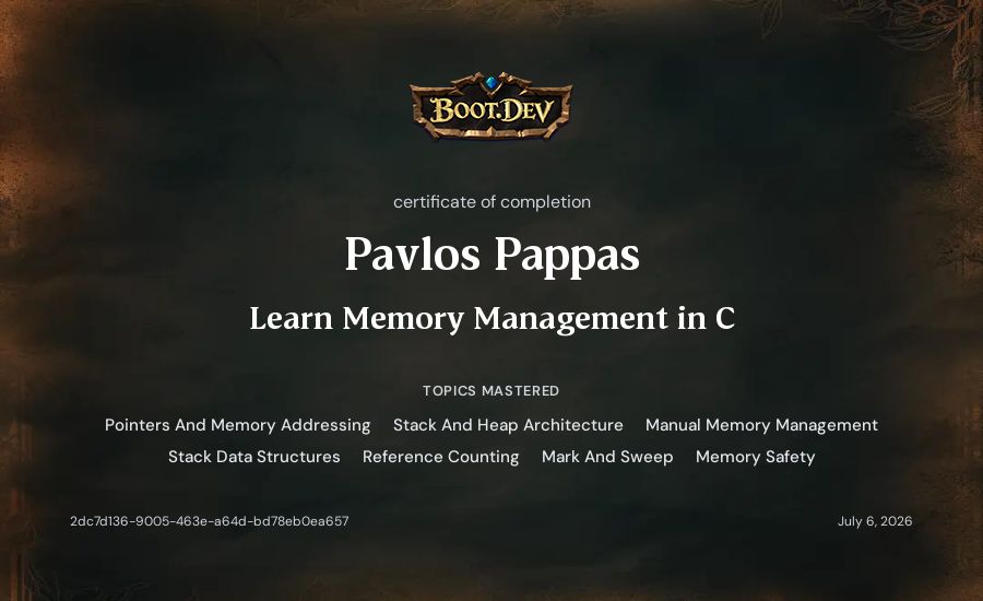 Pavlos Pappas's Boot.dev Learn Memory Management in C certificate