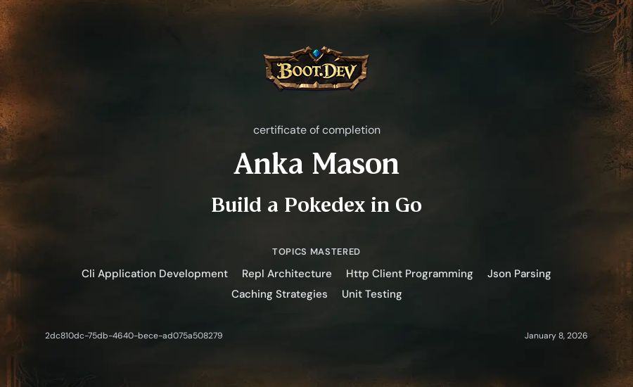 Anka Mason's Boot.dev Build a Pokedex in Go certificate