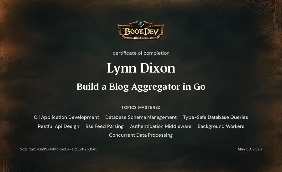 Lynn Dixon's Boot.dev Build a Blog Aggregator in Go certificate