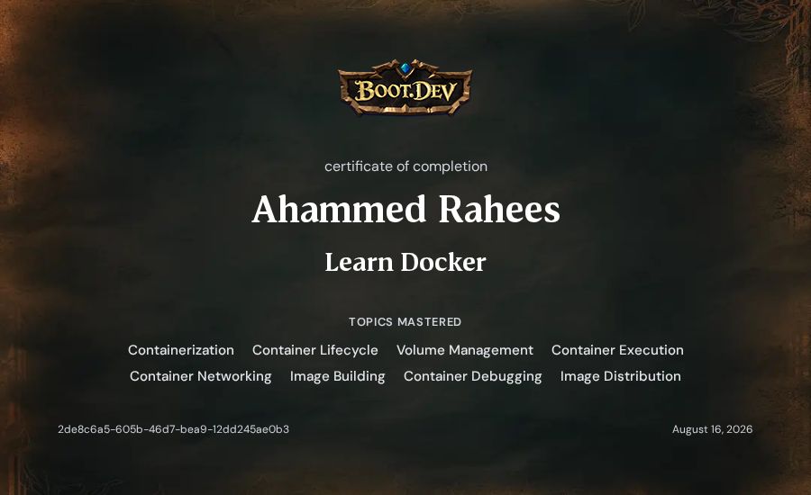 Ahammed Rahees's Boot.dev Learn Docker certificate