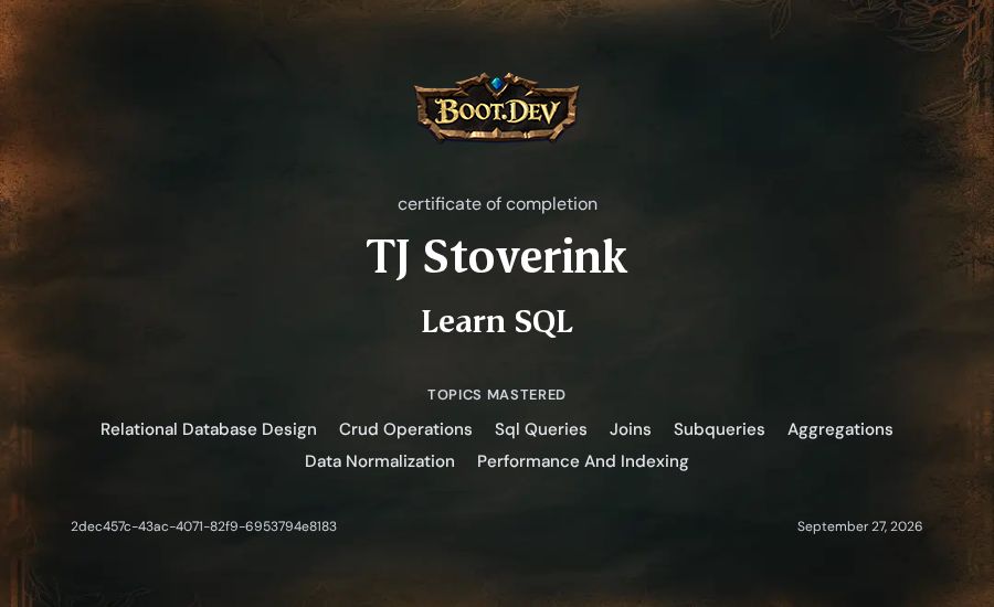 TJ Stoverink's Boot.dev Learn SQL certificate
