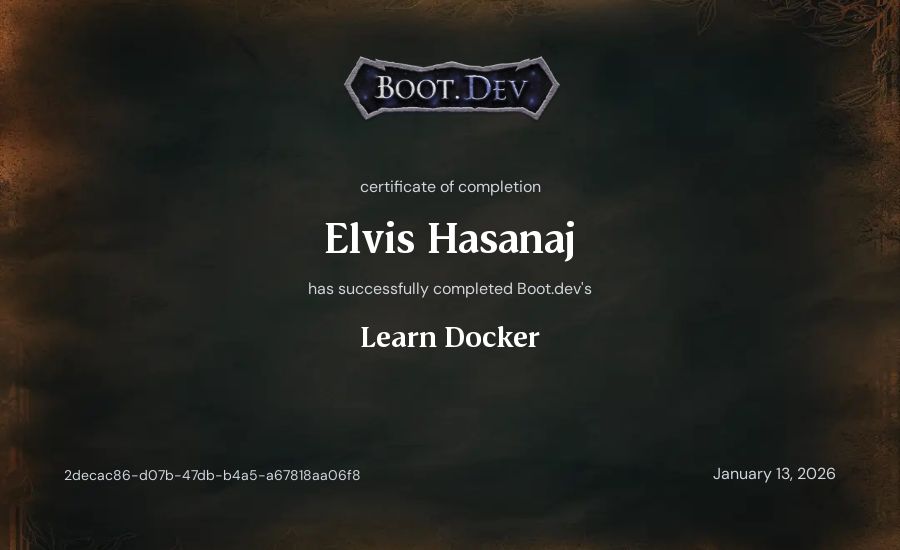 Elvis Hasanaj's Boot.dev Learn Docker certificate