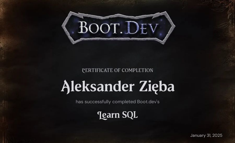 Aleksander Zięba's Boot.dev Learn SQL certificate