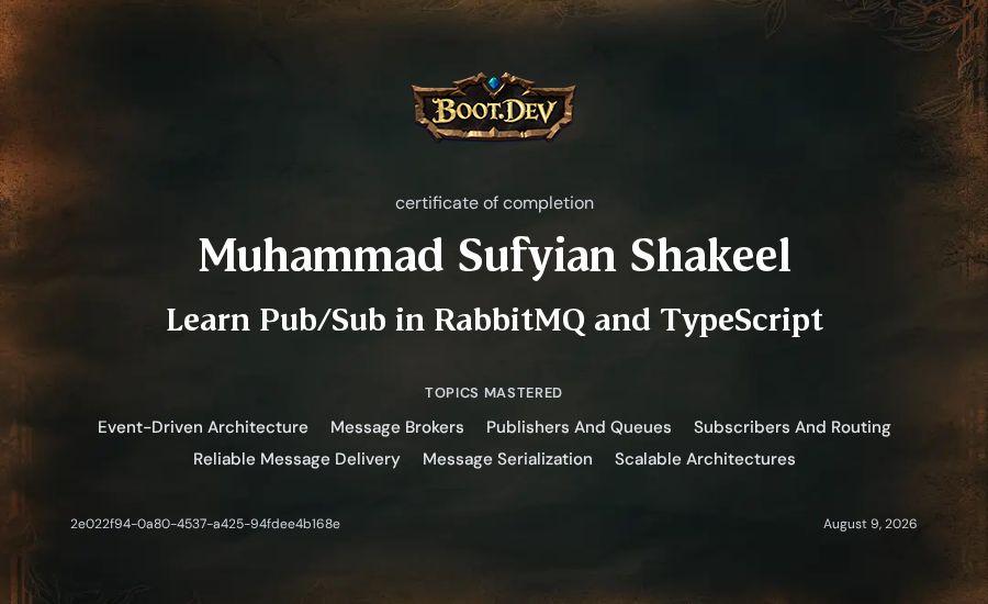 Muhammad Sufyian Shakeel's Boot.dev Learn Pub/Sub in RabbitMQ and TypeScript certificate