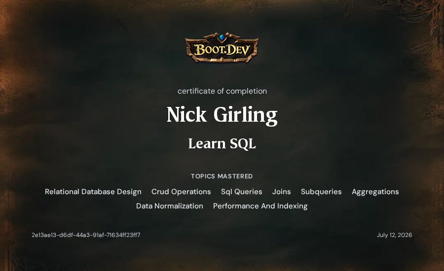 Nick Girling's Boot.dev Learn SQL certificate