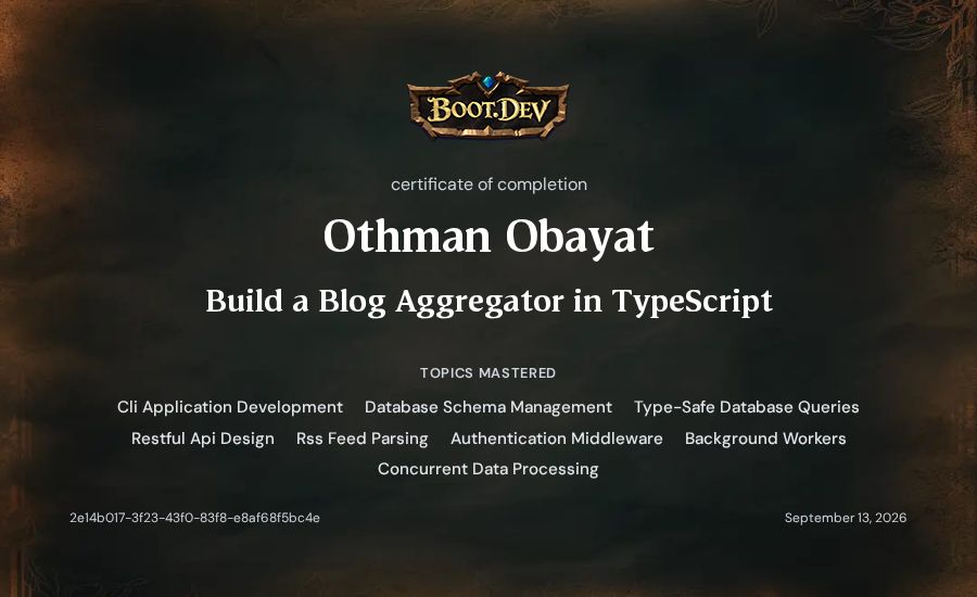 Othman Obayat's Boot.dev Build a Blog Aggregator in TypeScript certificate