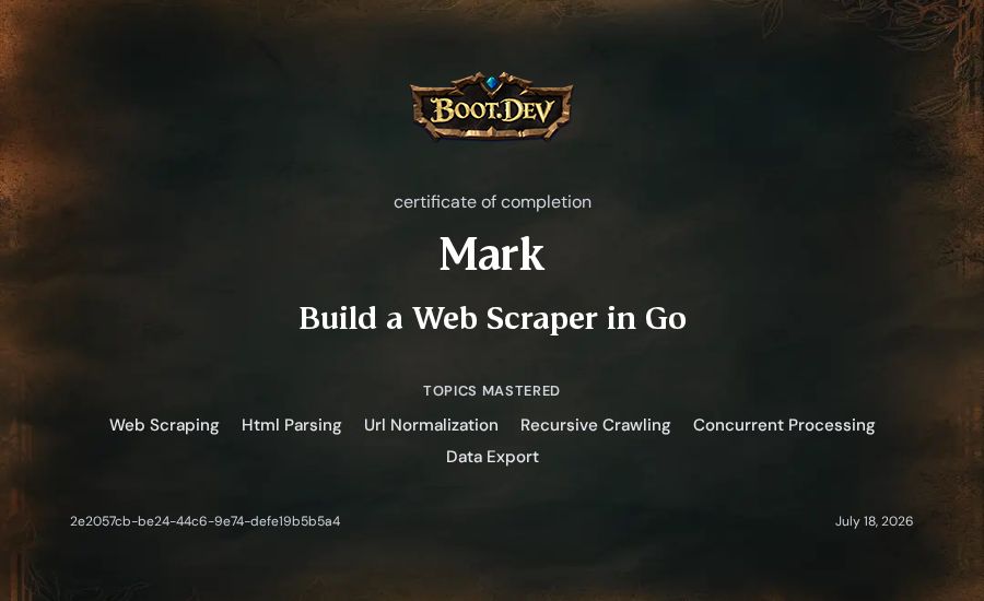 Mark's Boot.dev Build a Web Scraper in Go certificate