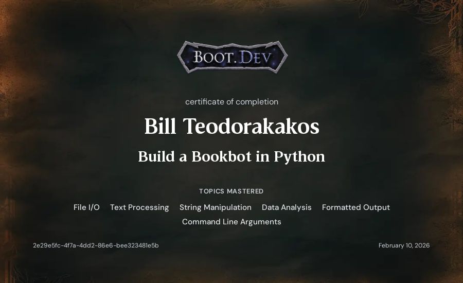 Bill Teodorakakos's Boot.dev Build a BookBot in Python certificate