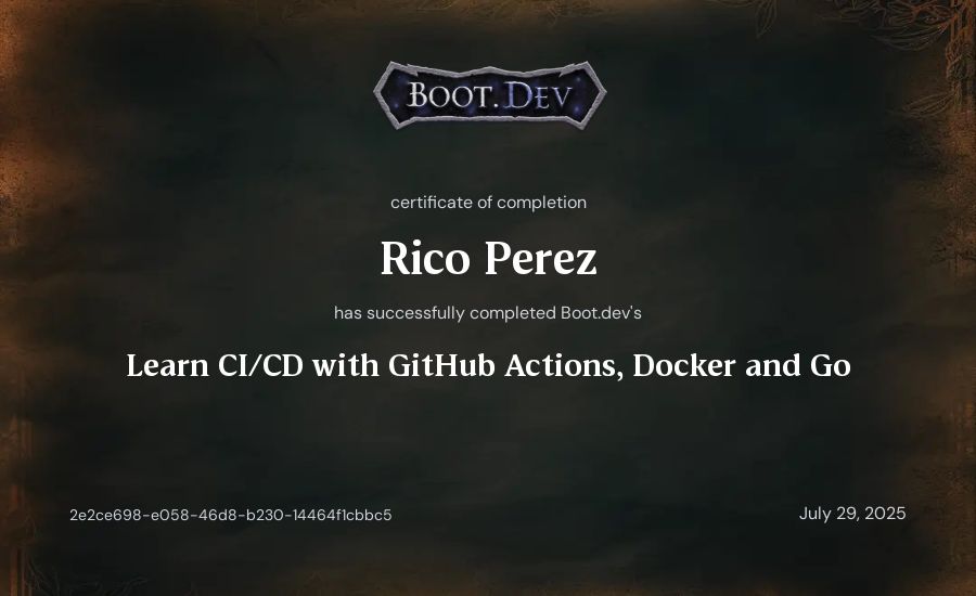 Celeste Perez's Boot.dev Learn CI/CD with GitHub Actions, Docker and Go certificate