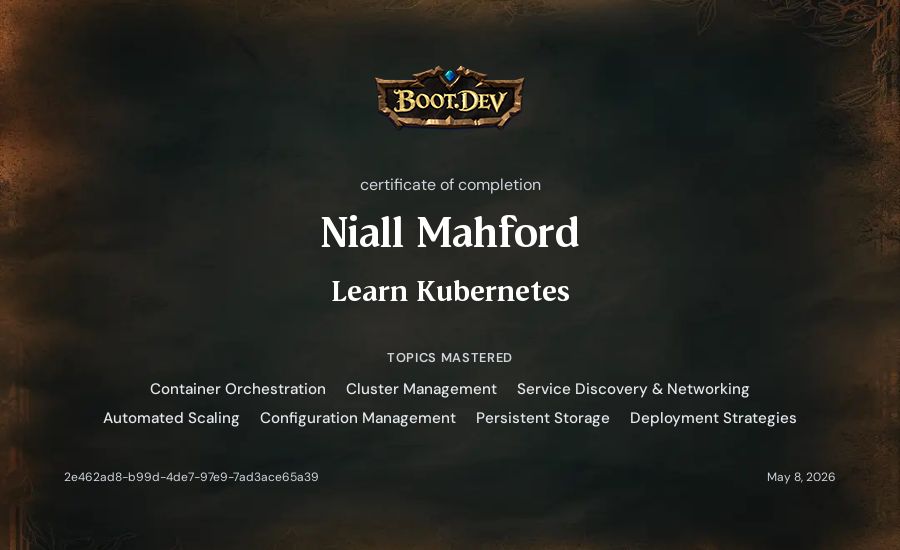 Niall Mahford's Boot.dev Learn Kubernetes certificate