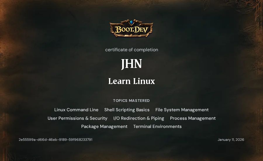 JHN's Boot.dev Learn Linux certificate