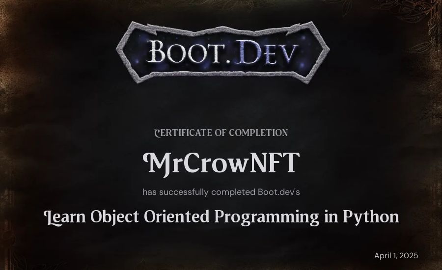 Luciano Balladares's Boot.dev Learn Object Oriented Programming in Python certificate