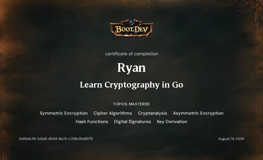 Ryan's Boot.dev Learn Cryptography in Go certificate