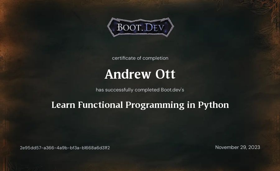 Andrew Ott's Boot.dev Learn Functional Programming in Python certificate