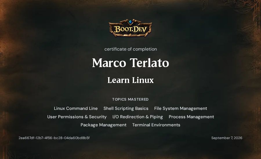 Marco Terlato's Boot.dev Learn Linux certificate