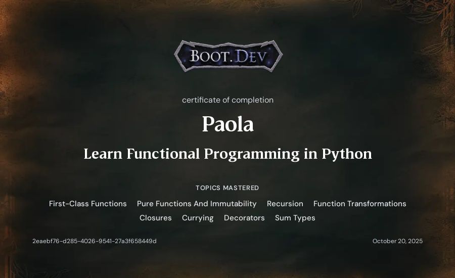 Paola's Boot.dev Learn Functional Programming in Python certificate